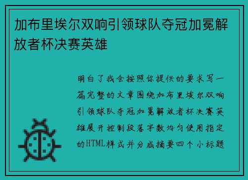 加布里埃尔双响引领球队夺冠加冕解放者杯决赛英雄